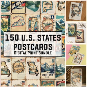 Set di cartoline degli Stati Uniti, set di cartoline di tutti i 50 stati, sagome di stati, pacchetto di cartoline di viaggio, cartoline vintage, retro incluso, 300 DPI