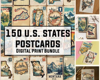 May include: A collage of 150 vintage-style postcards featuring illustrations of each U.S. state. The postcards are arranged in a grid pattern and include a variety of colors and designs. The text "150 U.S. STATES POSTCARDS DIGITAL PRINT BUNDLE" is displayed in a large font at the center of the image.