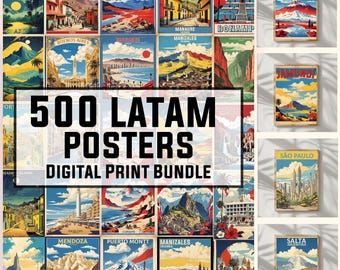 May include: A collage of 500 vintage travel posters featuring destinations in Latin America. The posters are colorful and feature illustrations of landmarks, cities, and landscapes. The text "500 LATAM POSTERS DIGITAL PRINT BUNDLE" is displayed in the center of the collage.