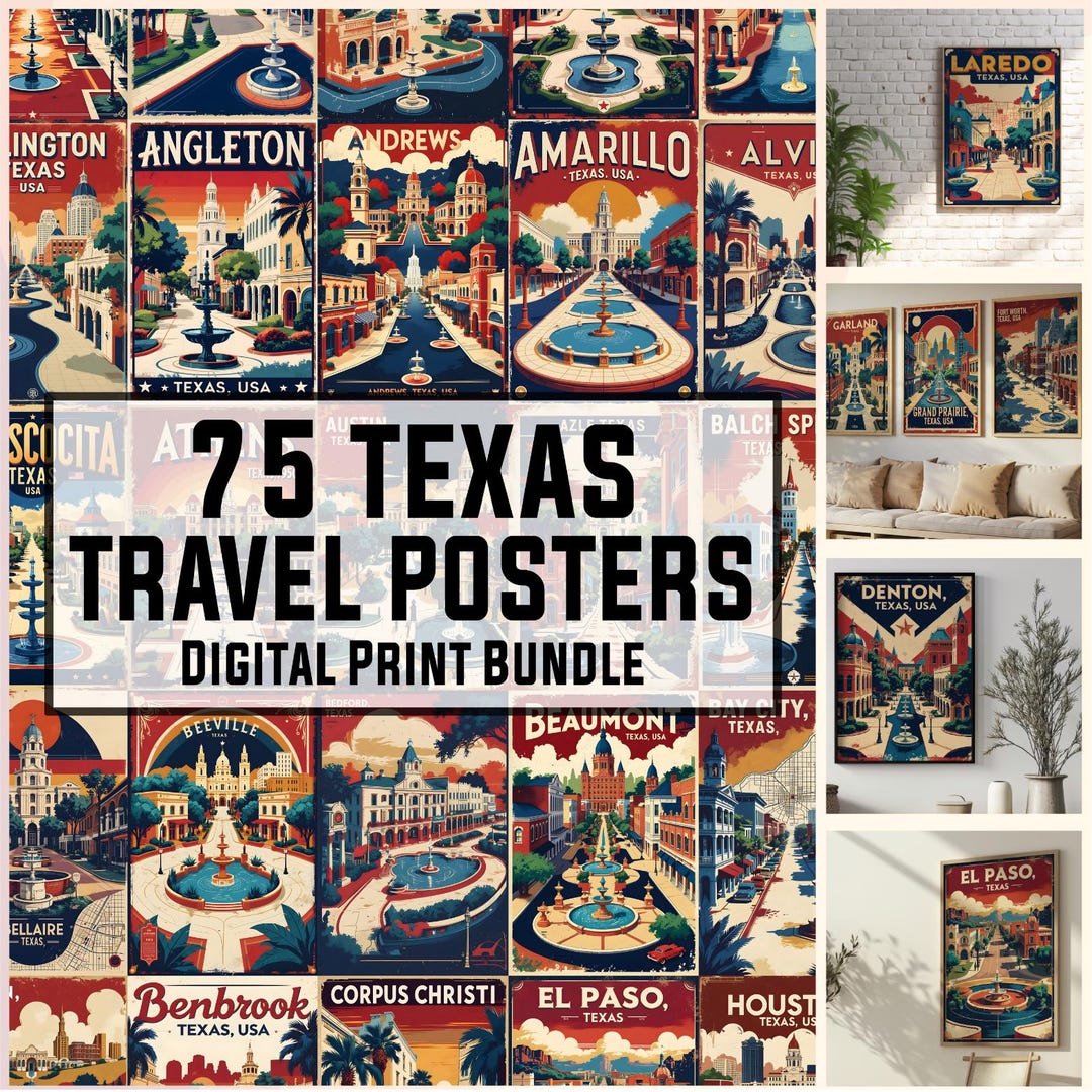 Vintage Texas Travel Poster Set: 75 City Prints SVG, PDF, JPG ...