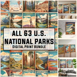 Paquete de 63 pósteres de viajes vintage de los Parques Nacionales de EE. UU., arte mural de parques nacionales, pósteres vintage, recuerdo de EE. UU., impresiones digitales, 300 DPI