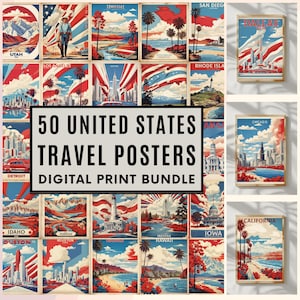 50 carteles de viajes vintage de EE. UU., arte mural de Estados Unidos, póster vintage, souvenir de EE. UU., impresiones de EE. UU., póster estadounidense, impresiones digitales, 300 ppp
