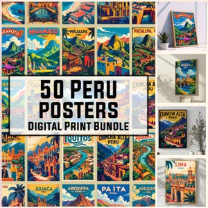 50 carteles de viajes vintage de Perú, dos tamaños, arte mural peruano, póster vintage, recuerdo, impresiones de Perú, póster de Perú, impresiones digitales, 300 dpi