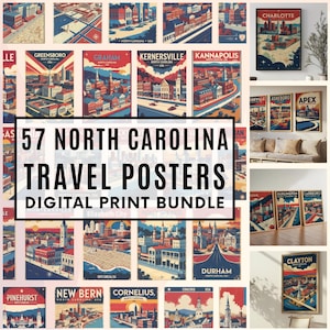 57 ciudades del estado de Carolina del Norte, SVG, PDF, pósteres de viajes vintage, arte mural, recuerdo vintage de EE. UU., paquete de impresiones, descarga digital, 300 DPI