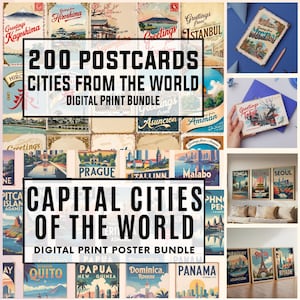 Peut inclure: Une collection de cartes postales et d'affiches de style vintage représentant des paysages urbains du monde entier. L'image comprend un lot d'impression numérique de 200 cartes postales et un lot d'affiches de capitales.