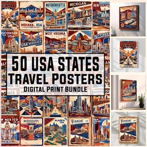 Affiches de voyage vintage des États-Unis des 50 États, art mural des États-Unis, affiche vintage, souvenir des États-Unis, impressions des États-Unis, affiche des États-Unis, impressions numériques, 300 ppp