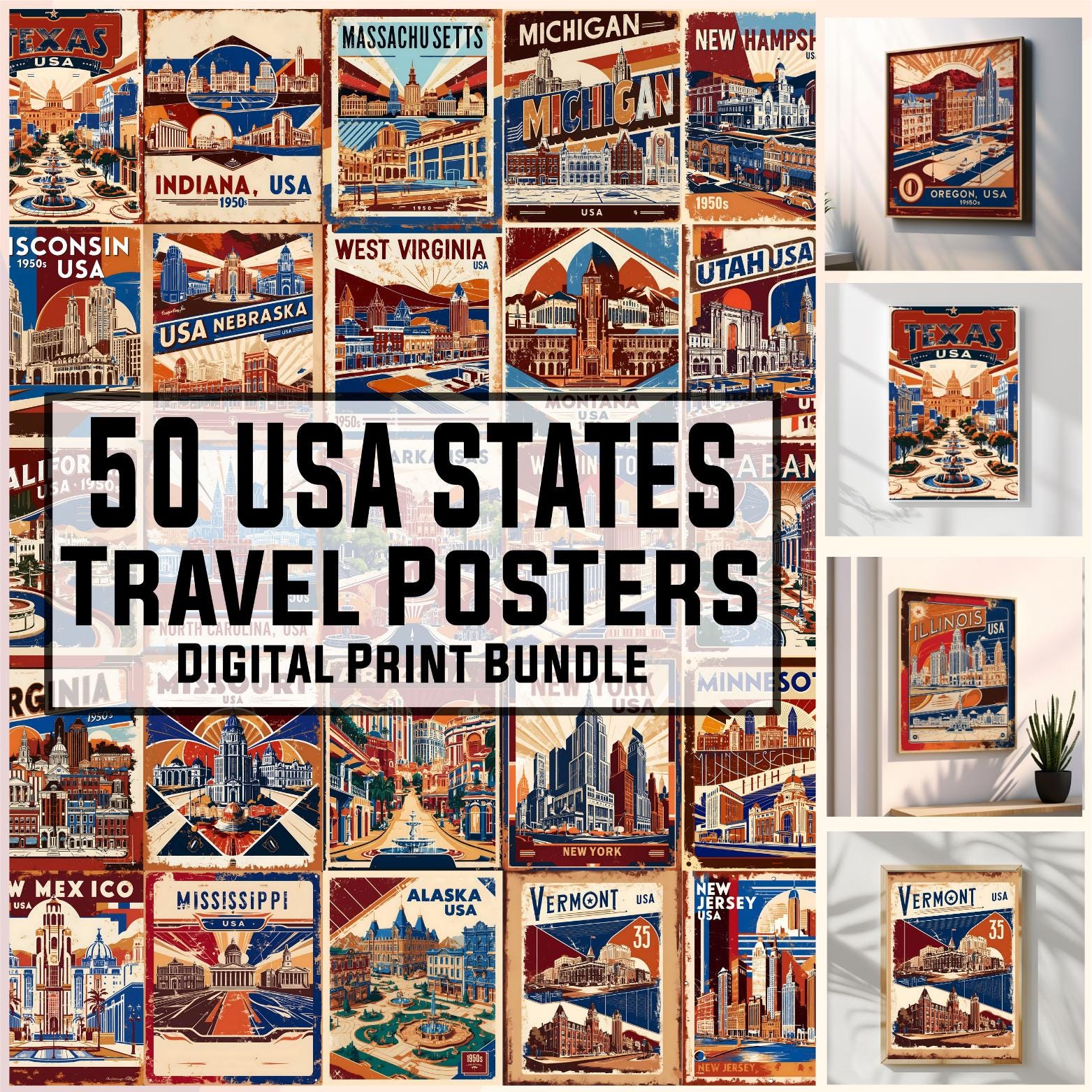 All 50 States US Vintage Travel Prints, SVG, PDF, Usa Wall Art, Vintage Poster, Souvenir, usa Prints, us Poster, Digital Prints, 300DPI