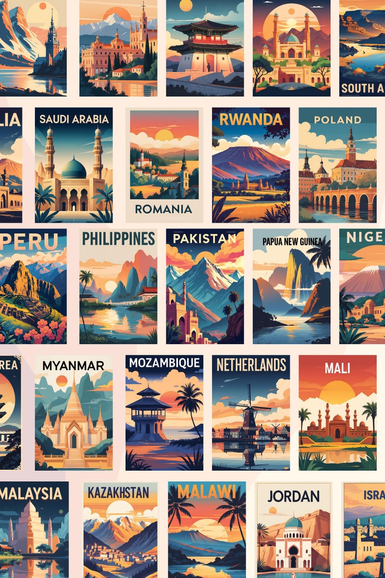 100 Countries Vintage Travel Posters Pack, SVG, PDF, Wall Art ...
