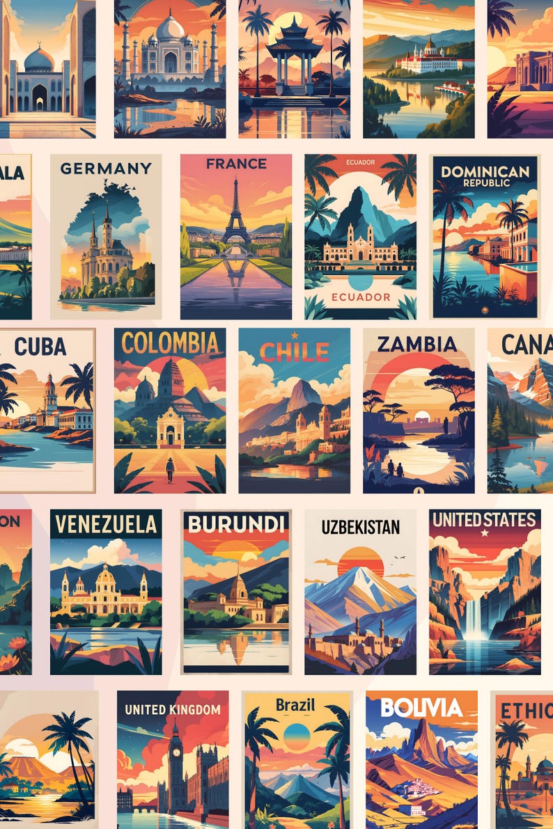 100 Countries Vintage Travel Posters Pack, SVG, PDF, Wall Art ...