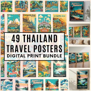 Puede incluir: Una colección de 49 carteles de viaje de Tailandia, impresos digitalmente. Los carteles presentan ilustraciones coloridas de templos, paisajes y paisajes urbanos tailandeses. Los carteles se muestran en varios tamaños y enmarcados.