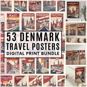 May include: A collection of 53 Denmark travel posters in a digital print bundle. The posters feature vintage-style illustrations of various Danish cities, with text that includes city names and the word "Denmark". The posters are in a variety of sizes and orientations.