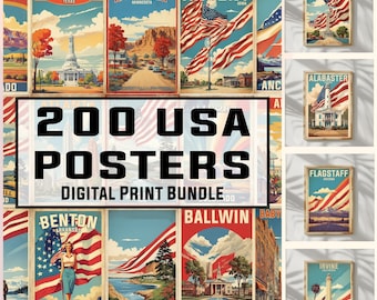 200 America Vintage Travel Posters, United States Wall Art, SVG, JPEG, PDF, Usa Souvenir, Usa Prints, American Poster, Digital Print, 300DPI