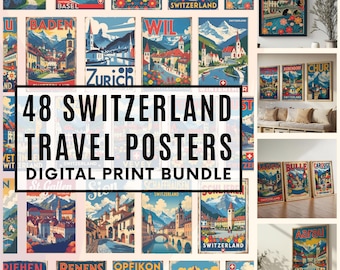 Pacote com 48 pôsteres de viagem de cidades e vilas da Suíça, impressões em SVG, PDF e JPEG, decoração de parede, lembrancinhas, arquivos digitais, ideal para professores e scrapbooking.