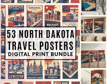 Set di poster di viaggio vintage del North Dakota: 53 stampe di città (download digitale, SVG, PDF, 300 DPI)