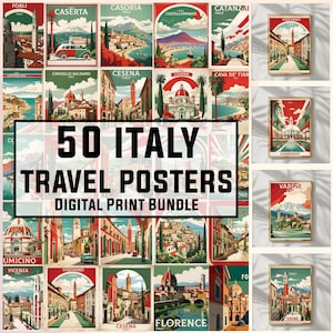 50 carteles de viajes vintage de Italia, arte mural, póster vintage, recuerdo italiano, impresiones de Italia, paquete de carteles, impresión digital de 300 DPI