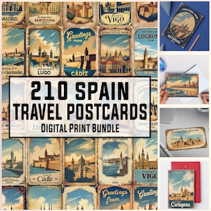 210 Spain Travel Postcard Set, Digital Scrapbook Postcards, Print Bundle, Vintage Postcards, Instant Download, Spanish Posters, 300DPI
