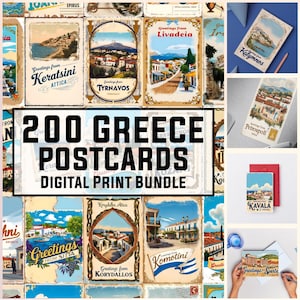 Conjunto de postales de Grecia, ciudades de Grecia, pueblos griegos, postales verticales, paquete de postales, postales antiguas, reverso incluido, 300 DPI