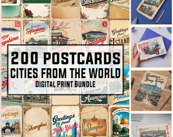 200 World Travel Postcard Digital Set, Scrapbook Postcards, Travel Postcards Bundle, Vintage, World Souvenir, back side included, 300DPI