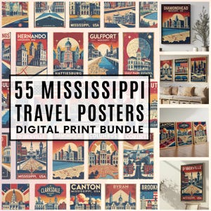 Vintage Mississippi Travel Poster Set – 55 City Prints | SVG, PDF, Digital Wall Art, usa Souvenir, Instant Download, 300DPI