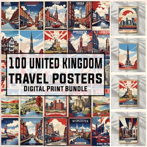 100 Großbritannien Vintage Reiseposter, Wandkunst, Vintage Poster, UK Souvenir, England Drucke, bündel, digitaler Download Druck, 300DPI