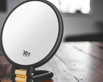 Foldable Handle 1x 30x Magnifying Travel Makeup Mirror - Portable Handheld Cosmetic Mirror for Women (Black)