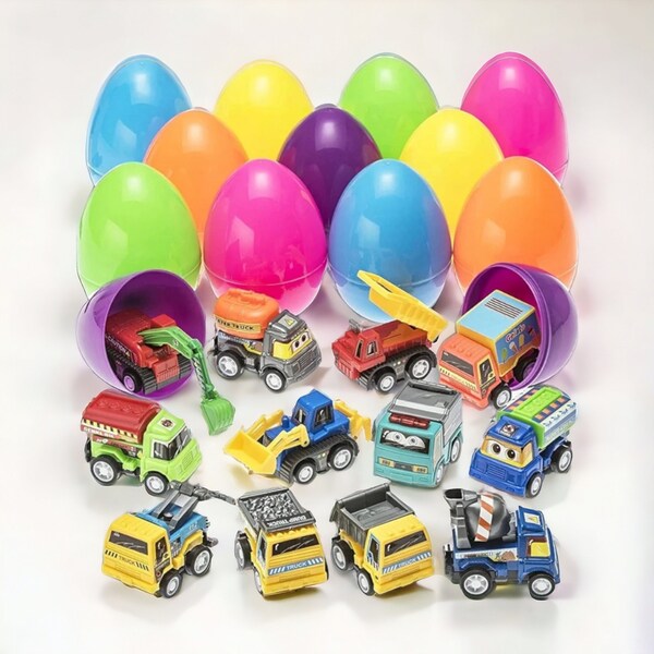 Pull-Back Construction Vehicle Easter Eggs (12-Pack) - Plastic Eggs with Toy Vehicles Inside, Ideal for Easter Hunts & Birthday Parties