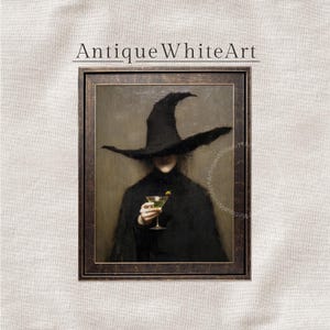 May include: A framed wall art print titled AntiqueWhiteArt featuring a figure in a black cloak and a tall pointed black hat, holding a green martini glass with an olive. The artwork is set within a dark brown textured frame against a neutral background.