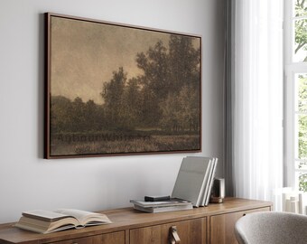 May include: A framed landscape art print featuring a muted color palette of browns and greens. The artwork depicts a serene forest scene with trees and a field. The text "AntiqueWhiteArt" is visible at the bottom of the print.