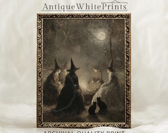 PRINTED & SHIPPED Gathering of Witches Painting, Black Cat Poster, Coven of Witches Halloween Wall Art, Witchy Home Decor, Whimsigoth Print
