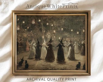 PRINTED & SHIPPED Gathering of Witches Painting, Black Cat Poster, Coven of Witches Halloween Wall Art, Witchy Home Decor, Whimsigoth Print