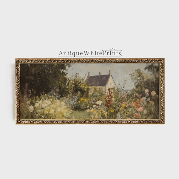 Panoramic Wall Art, Modern Over Bed Painting - Spring Decor, Cottage Country Landscape Print, Framed Long Canvas Art, AntiqueWhiteArt