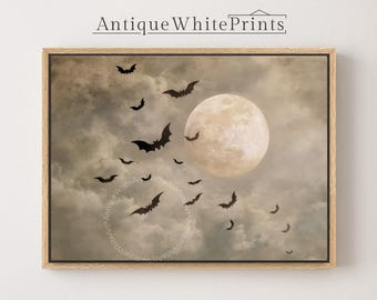 Neutral Halloween Painting of Bats, Witchy Fall Decor, Living Room Wall Art, Large Autumn Print Canvas, Living Room Picture