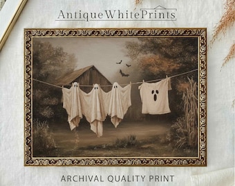 PRINTED Halloween Wall Art Print, Whimsical Ghosts on Clothesline, Vintage Farmhouse Barn with Bats, Spooky Gothic, Unframed Wall Art