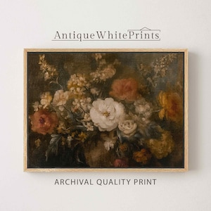 May include: A framed floral still life print featuring a bouquet of white, peach, and yellow flowers against a dark background. The print has a vintage aesthetic, with the text "Antique White Prints" and "Archival Quality Print".