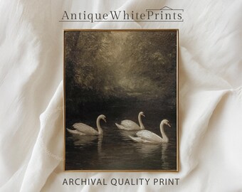 Swan Wall Art Print, PRINTED Vintage Lake Landscape Painting, Romantic Classical Nature Artwork, Dark Academia Rustic Poster for Home Decor