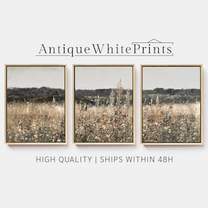 3 Piece Framed Canvas Set, Wildflower Field Painting, Large Canvas Wall Art, Neutral Landscape Oil Painting Print, Modern Farmhouse Decor