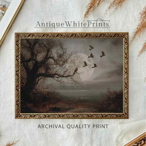 May include: A framed print featuring a gothic landscape with a full moon, bare tree, and flying crows. The artwork is in a gold ornate frame. The text "Antique White Prints" and "Archival Quality Print" are visible.
