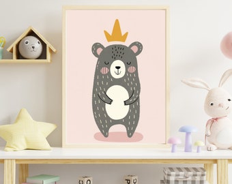 Cute Bear with Crown Illustration for Nursery, digital download, teddy bear nursery