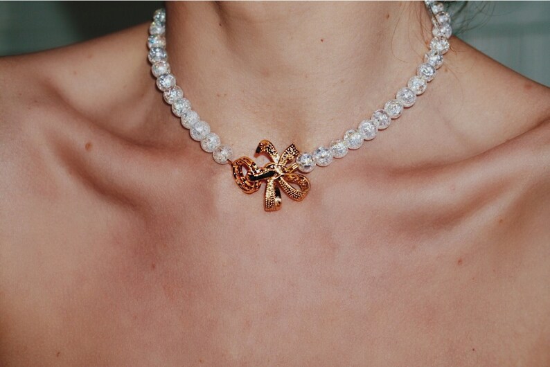 Crystal Beads Necklace gemstone, 18k gold clasp high quality Jewellery choker, crackled quartz crystal, handmade white, SparksandMe image 3