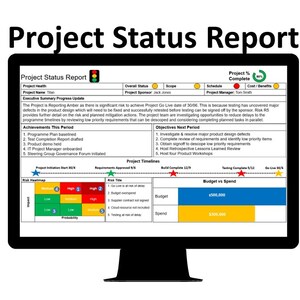Op de afbeelding: Een computermonitor met een "Project Status Report". Het rapport toont projectgezondheid, naam en voortgang. Het bevat tijdschema's, budgetgegevens en risicobeoordelingen, met een kleurenschema in groen, geel en rood.