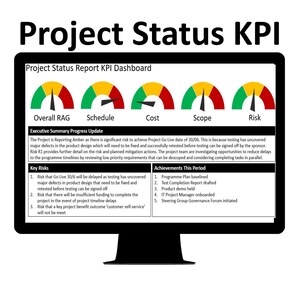 May include: A computer screen displaying a project status report KPI dashboard with five gauges. The gauges are labeled Overall RAG, Schedule, Cost, Scope, and Risk. The gauges are colored red, yellow, and green to indicate the status of each KPI. The dashboard also includes a section for key risks and achievements. The text on the screen reads "Project is Reporting Amber as there is significant risk to achieve Project Go Live date of 30/06. This is because testing has uncovered major defects in the product design which will need to be fixed and successfully retested before testing can be signed off by the sponsor. Risk RI provides further detail on the risk and planned mitigation actions. The project team are investigating opportunities to reduce delays to the programme timelines by reviewing low priority requirements that can be descoped and considering completing tasks in parallel."