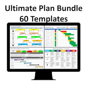 May include: A computer screen displaying a variety of project management templates, including a technology roadmap, project Gantt chart, project status report, and agile product roadmap. The templates are color-coded and feature a variety of charts and graphs. The text "Ultimate Plan Bundle 60 Templates" is displayed at the top of the screen.