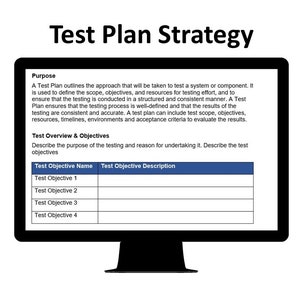 Könnte beinhalten: Ein Computerbildschirm zeigt ein Dokument mit einer Testplanstrategie an. Das Dokument beschreibt den Zweck, die Übersicht und die Ziele eines Testplans. Das Dokument enthält eine Tabelle mit den Überschriften "Testzielname" und "Testzielbeschreibung".