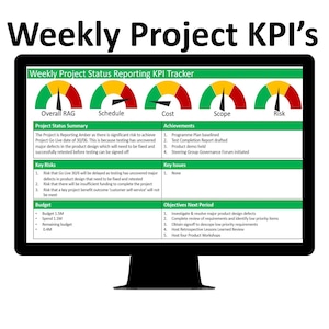 Può includere: Un monitor di computer mostra una dashboard "Weekly Project KPI's". Lo schermo mostra indicatori di stato del progetto, tra cui Overall RAG, Schedule, Cost, Scope e Risk. Il testo dettaglia i riepiloghi del progetto, i rischi chiave, il budget, i risultati e gli obiettivi.