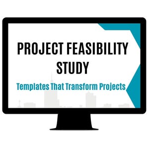 May include: A computer monitor displaying a presentation about project feasibility studies. The text on the screen reads "Project Feasibility Study" and "Templates That Transform Projects".