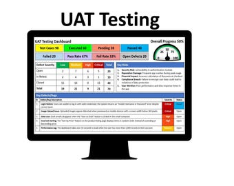 UAT Testing Dashboard (User Acceptance Testing, UAT Template, Test Execution, Defect Tracking, Test Case, UAT Progress, Testing Metrics)