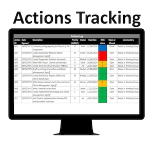 May include: A computer screen displaying a spreadsheet with a list of actions, their due dates, owners, and status. The spreadsheet is titled "Actions Tracking" and "Actions Log". The spreadsheet is colour-coded with red, yellow, and green to indicate the status of each action.