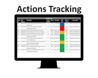 May include: A computer screen displaying a spreadsheet with a list of actions, their due dates, owners, and status. The spreadsheet is titled "Actions Tracking" and "Actions Log". The spreadsheet is color-coded with red, yellow, and green to indicate the status of each action.