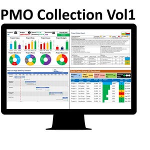 May include: A computer screen displaying a project management dashboard with charts, graphs, and tables. The dashboard includes information on project status, budget, resources, and deadlines. The title of the dashboard is "PMO Collection Vol 1".