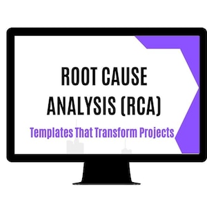 Może przedstawiać: Ekran komputera wyświetlający tekst "ROOT CAUSE ANALYSIS (RCA) Templates That Transform Projects" w czarnym kolorze na białym tle. W prawym górnym rogu ekranu znajduje się fioletowy kształt geometryczny.